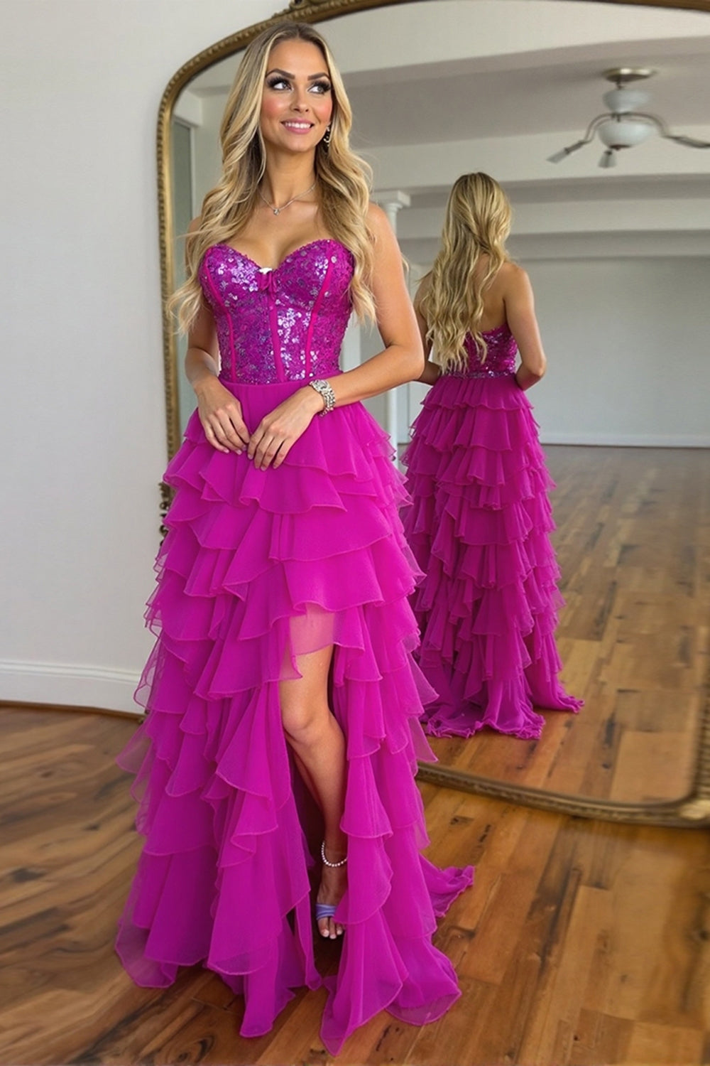 Sparkly Fuchsia Chiffon A Line Sweetheart Prom Dress with Slit