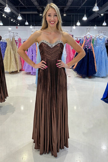 Brown Metallic Strapless Long Prom Dress with Slit