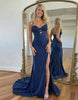 Load image into Gallery viewer, Navy Corset Spaghetti Straps Long Prom Dress with Lace