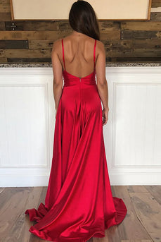 Red V-Neck Backless Satin Long Prom Dress with Slit