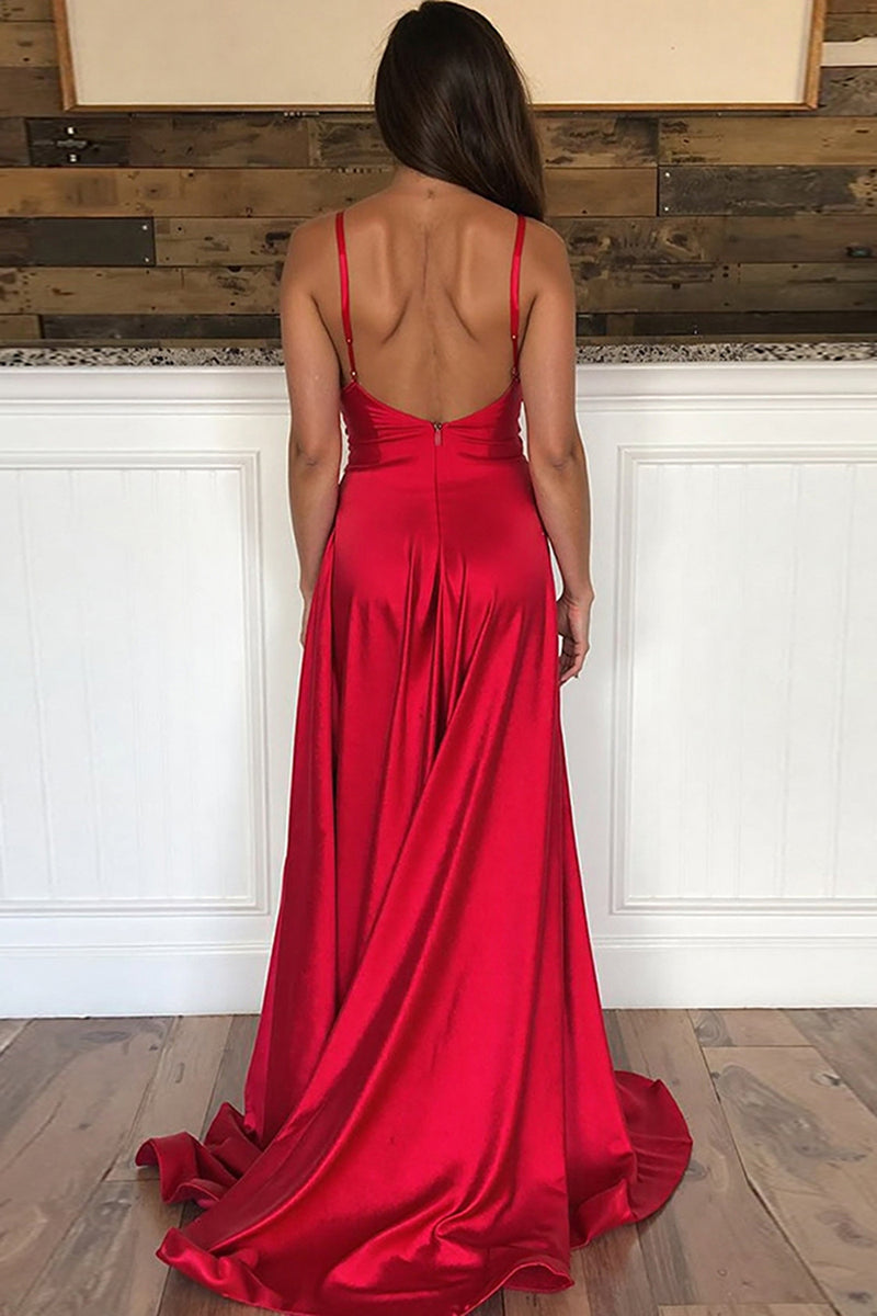 Load image into Gallery viewer, Red V-Neck Backless Satin Long Prom Dress with Slit