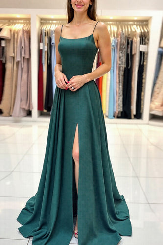 Dark Green A Line Spaghetti Straps Prom Dress with Slit