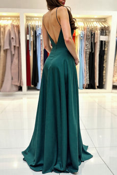 Dark Green A Line Spaghetti Straps Prom Dress with Slit