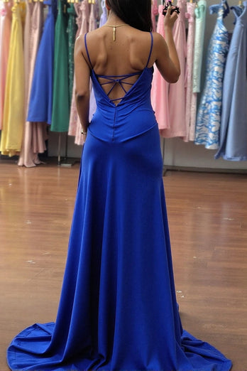 Royal Blue Ruched Spaghetti Straps Prom Dress with Slit