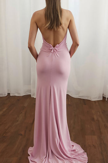 Pink Strapless Sheath Keyhole Long Prom Dress