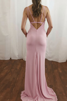 Simple Pink V-Neck Spaghetti Straps Sweep Train Prom Dress