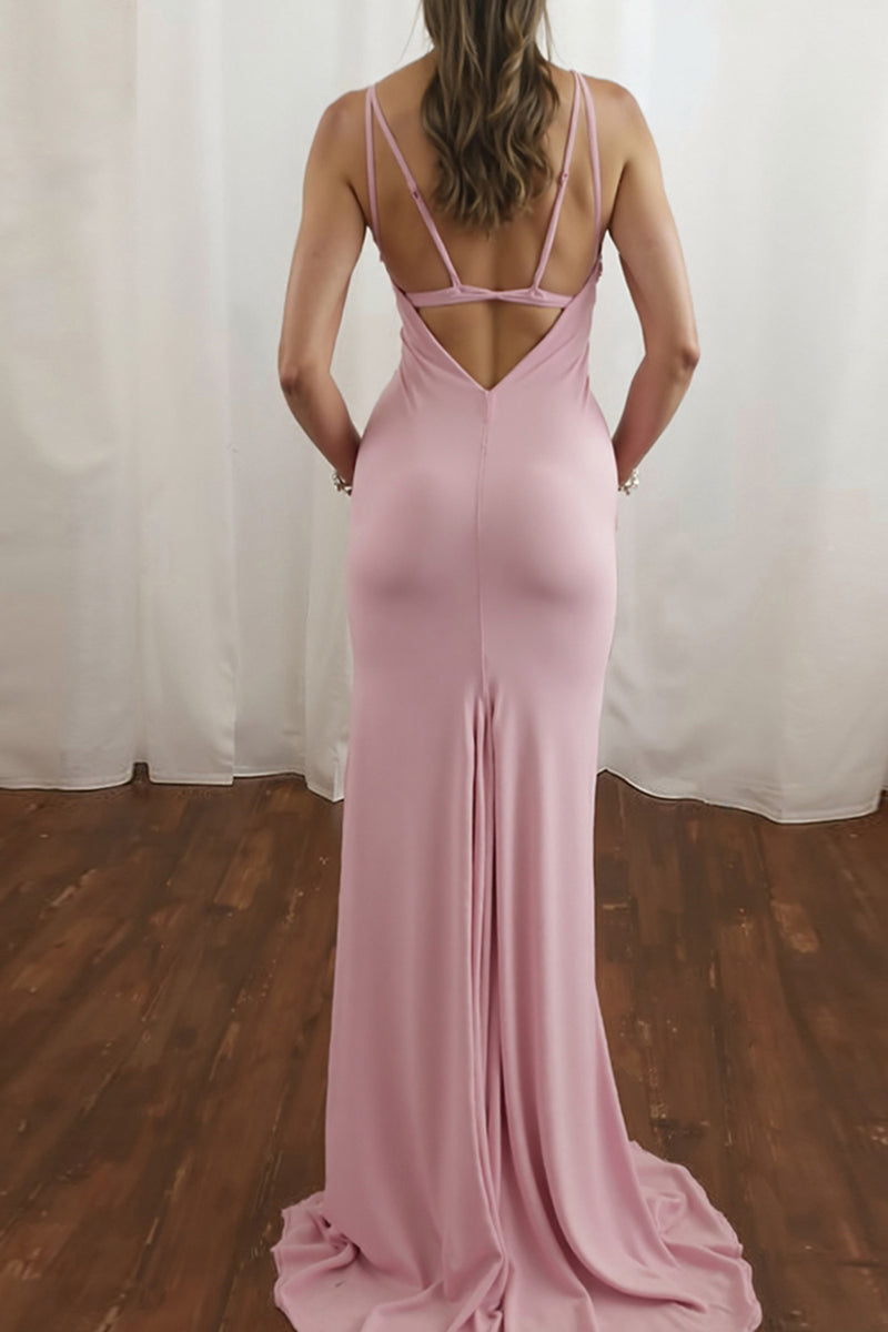 Load image into Gallery viewer, Simple Pink V-Neck Spaghetti Straps Sweep Train Prom Dress