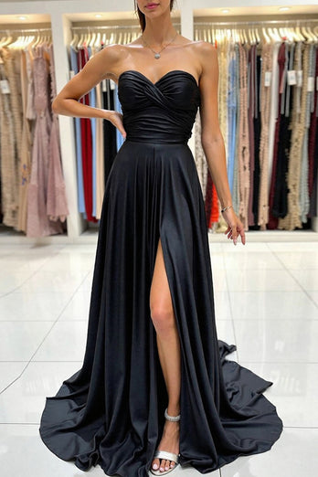 Black A Line Sweetheart Ruched Long Prom Dress with Slit