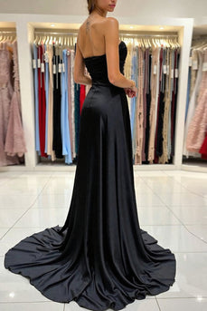 Black A Line Sweetheart Ruched Long Prom Dress with Slit