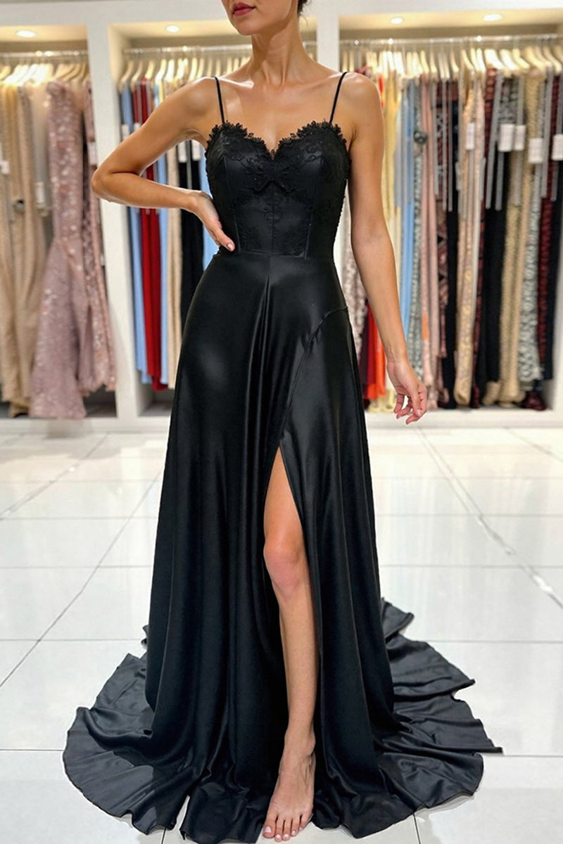 Load image into Gallery viewer, Black Spaghetti Straps Satin Prom Dress with Slit