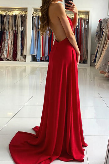 Red V-Neck A Line Long Prom Dress with Slit