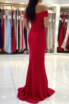 Elegant Red Off the Shoulder Sheath Long Prom Dress with Slit