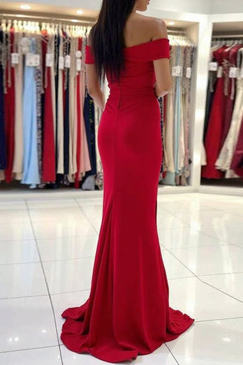 Elegant Red Off the Shoulder Sheath Long Prom Dress with Slit