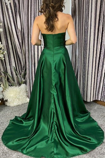 Dark Green Sweetheart A Line Ruched Prom Dress with Slit