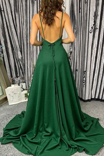 A Line Dark Green Spaghetti Straps Long Prom Dress with Slit