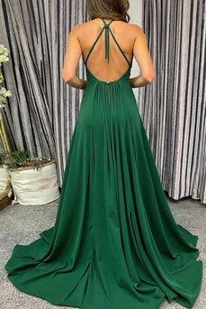 Dark Green Pleated Deep V-Neck Prom Dress with Slit