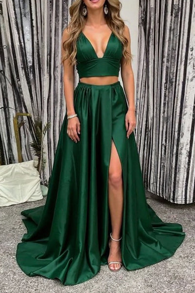 2-Piece Dark Green V-Neck Long Prom Dress with Slit