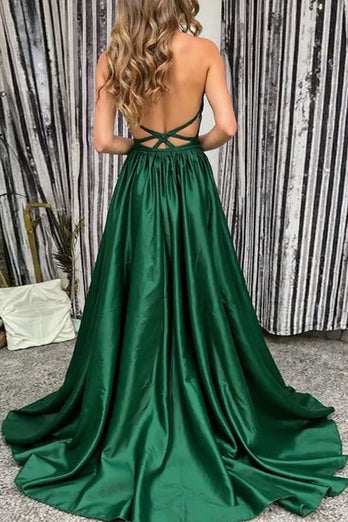 2-Piece Dark Green V-Neck Long Prom Dress with Slit