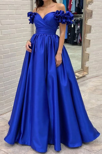 Royal Blue Ball Gown Long Prom Dress with Ruffled Sleeves