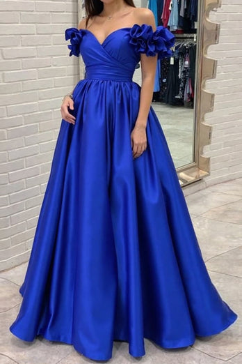 Royal Blue Ball Gown Long Prom Dress with Ruffled Sleeves