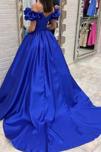 Royal Blue Ball Gown Long Prom Dress with Ruffled Sleeves