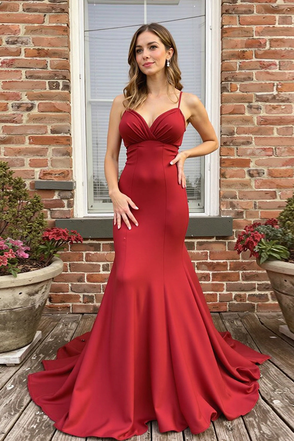 Satin V-Neck Spaghetti Straps Red Long Prom Dress