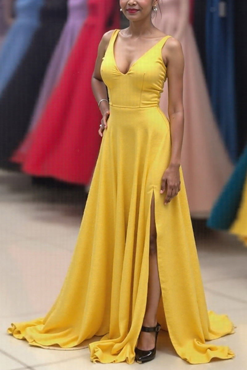 Load image into Gallery viewer, Yellow V-Neck A Line Backless Prom Dress with Slit