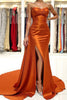 Load image into Gallery viewer, Orange Strapless Ruched Satin Long Prom Dress with Slit