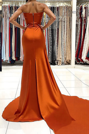 Orange Strapless Ruched Satin Long Prom Dress with Slit