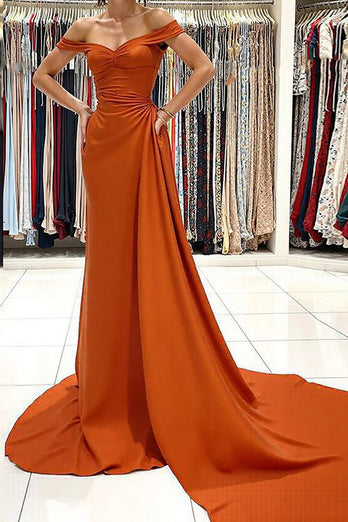 Off the Shoulder Orange Ruched Long Prom Dress with Slit