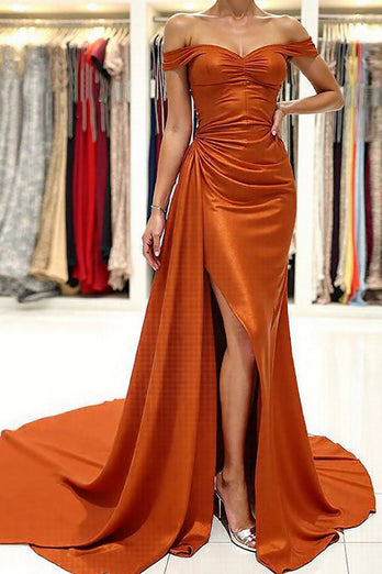 Off the Shoulder Orange Ruched Long Prom Dress with Slit