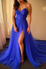 Load image into Gallery viewer, Royal Blue Tulle Spaghetti Straps Long Prom Dress with Slit