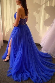 Royal Blue Tulle Spaghetti Straps Long Prom Dress with Slit