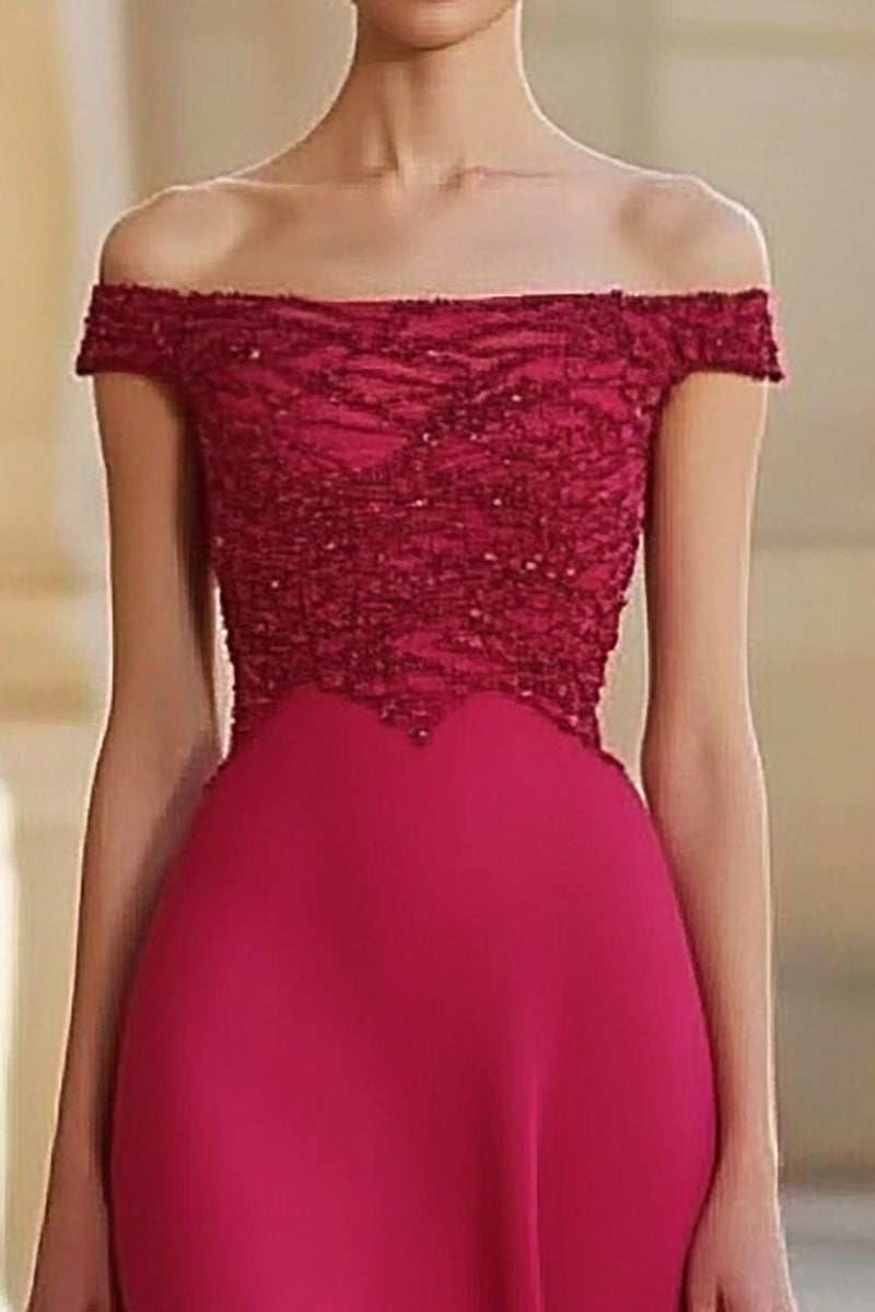 Load image into Gallery viewer, Sparkly Red Off the Shoulder Chiffon Long Formal Dress