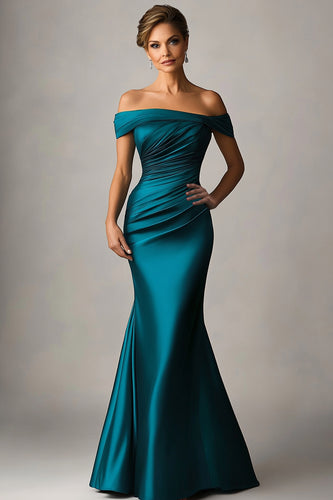 Queendancer Women Elegant Peacock Blue Formal Dress Off the Shoulder Satin Ruched Floor Length Prom Dress