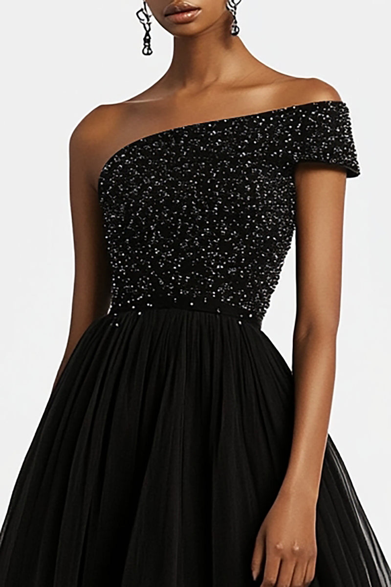 Load image into Gallery viewer, Sparkly Black One Shoulder A Line Long Formal Dress