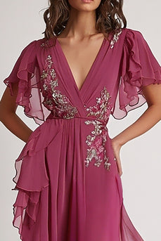 Floral Dark Pink Chiffon V-Neck Asymmetrical Long Formal Dress