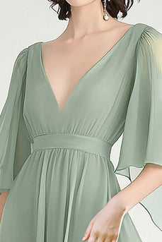 Dusty Sage A Line Chiffon V-Neck Long Formal Dress