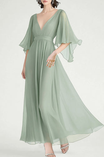 Queendancer Women Dusty Sage Chiffon Formal Dress with Ruffled A Line V-Neck Half Sleeves Long Wedding Guest Dress