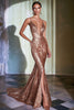 Load image into Gallery viewer, Queendancer Women Sparkly Rose Gold Sequin Formal Dress with Slit Mermaid Deep V-Neck Open Back Spaghetti Straps Long Prom Dress