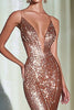 Load image into Gallery viewer, Sparkly Rose Gold V-Neck Mermid Long Formal Dress with Slit