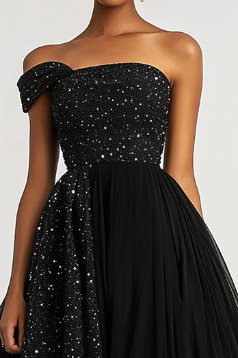 Black Ball Gown Sparkly One Shoulder Long Formal Dress with Slit