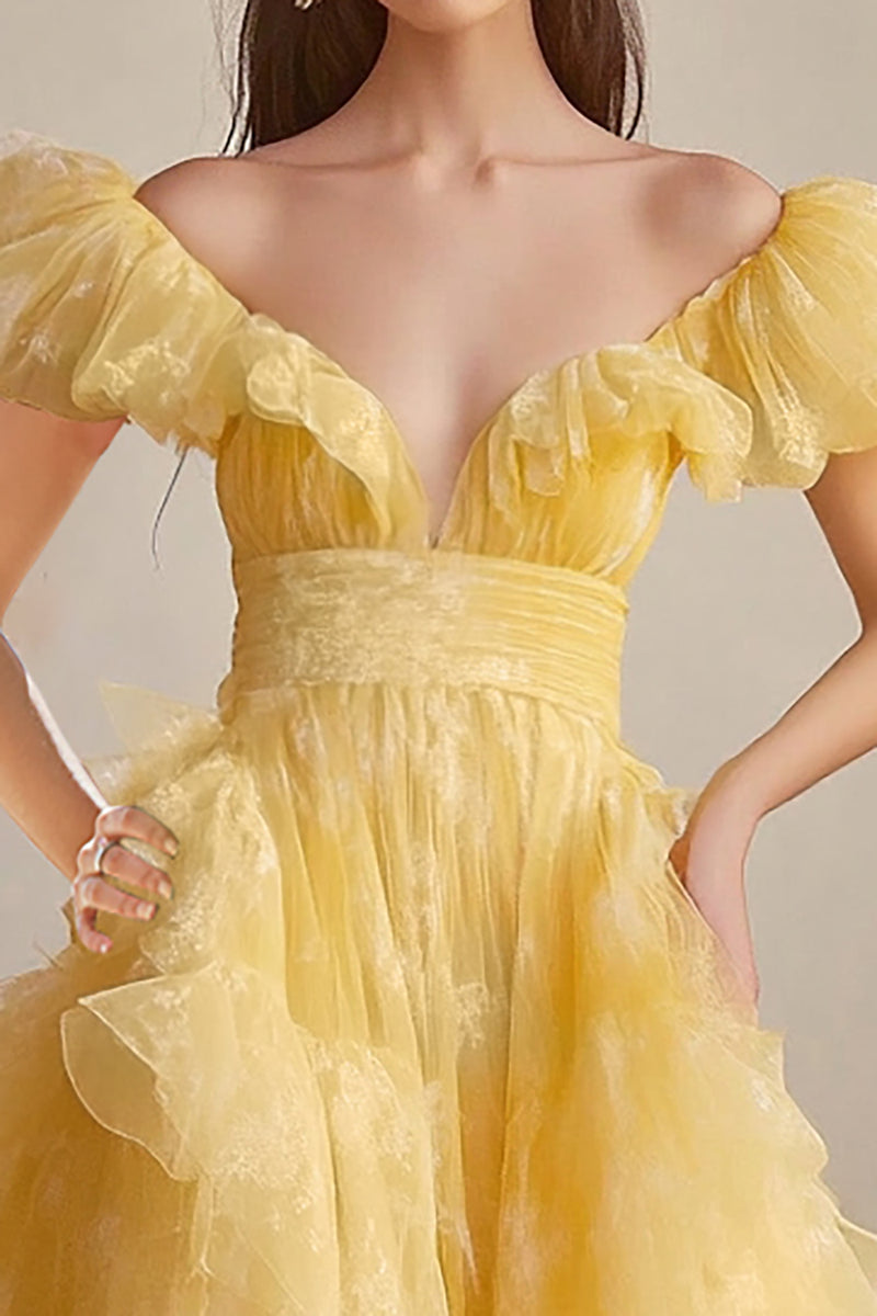 Load image into Gallery viewer, Yellow Ball Gown Off the Shoulder Tiered Long Formal Dress