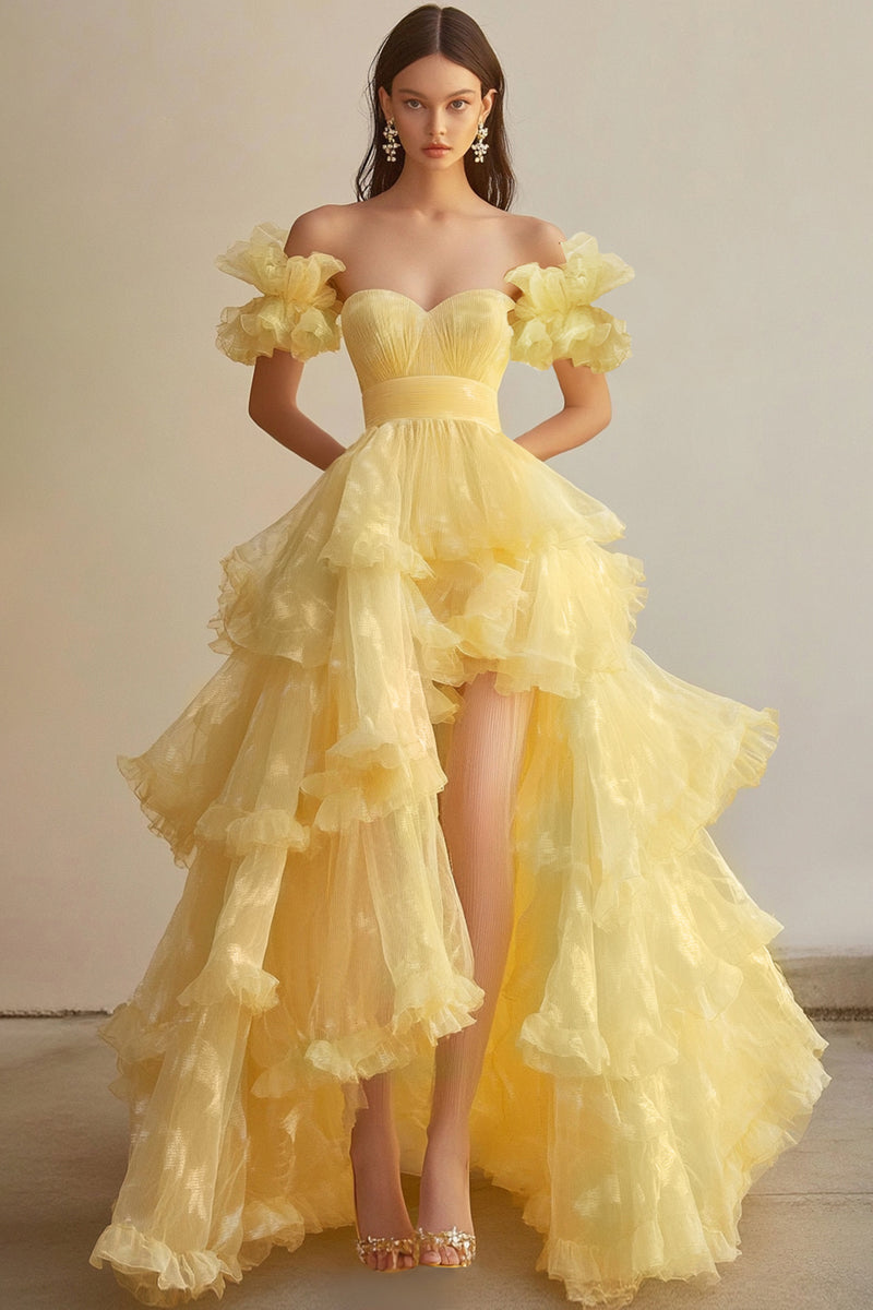 Load image into Gallery viewer, Queendancer Women Yellow Tulle Tiered Formal Dress Ball Gown Sweetheart High Low Long Prom Dress