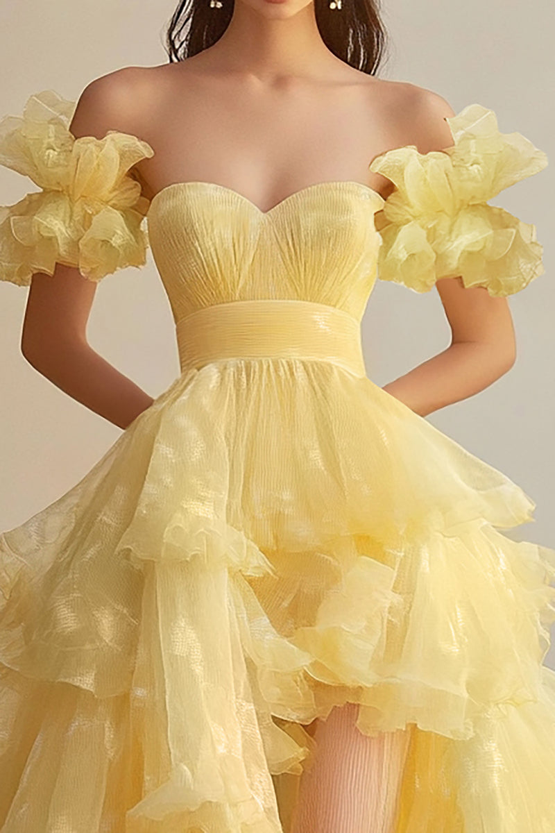 Load image into Gallery viewer, Ball Gown Sweetheart Yellow High Low Tiered Long Formal Dress