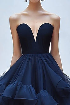 Navy Ball Gown Strapless Tiered Tulle Long Formal Dress