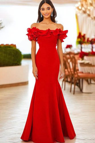 Queendancer Women Red Satin Formal Dress Mermaid Off the Shoulder Ruffled Floor Length Gala Ball Dress