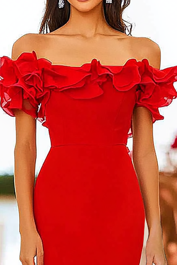 Red Off the Shoulder Ruffled Mermaid Floor Length Formal Dress