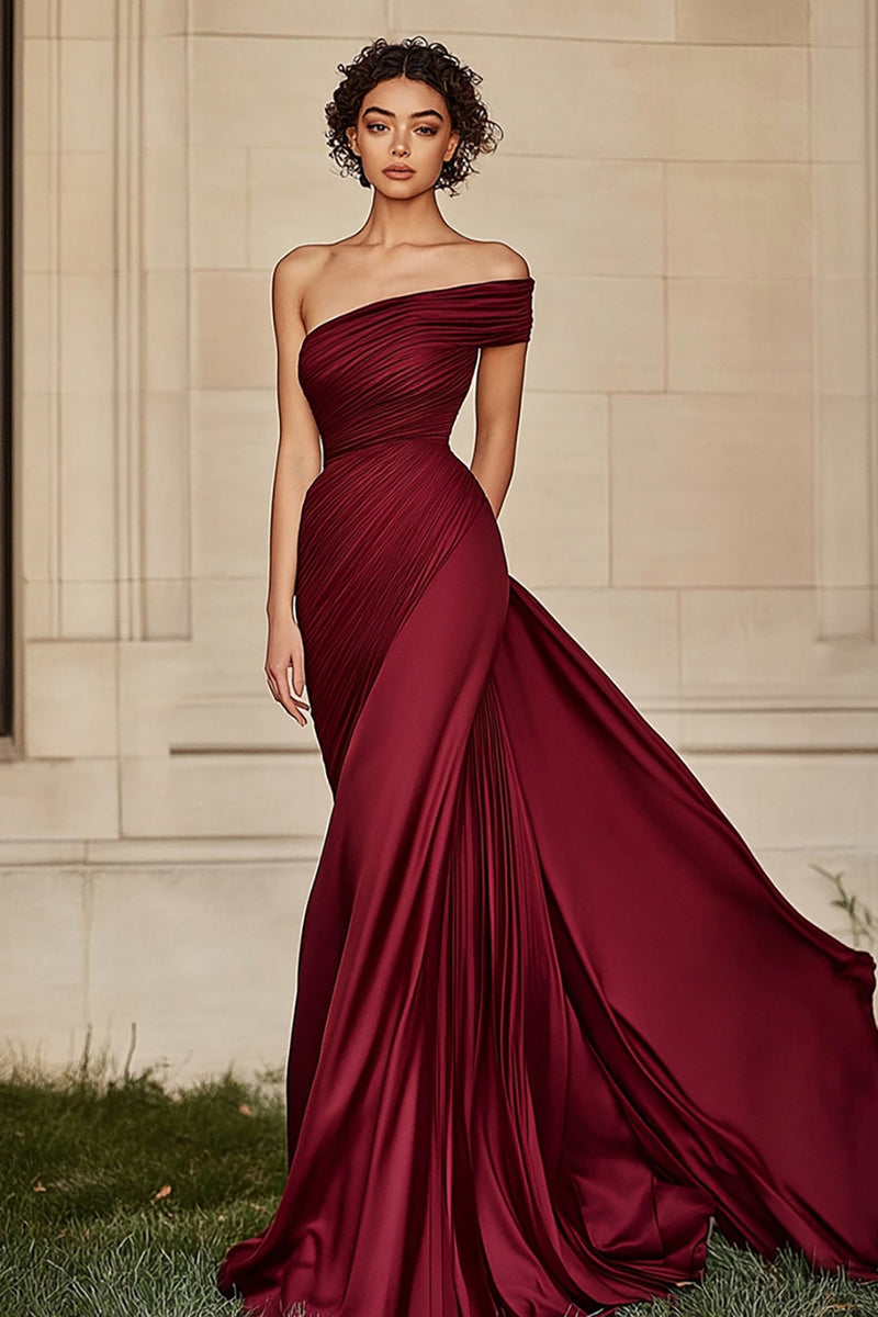 Load image into Gallery viewer, Burgundy One Shoulder Satin Prom Dress with Ruch