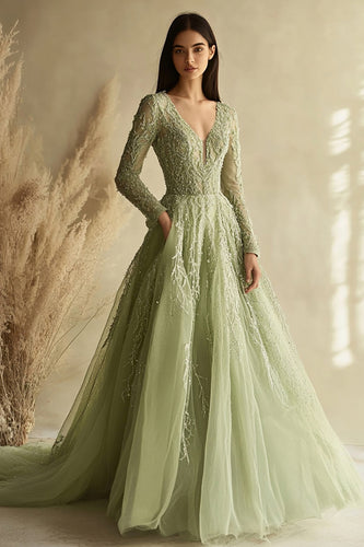 Dusty Sage V-Neck Appliqued Prom Dress with Long Sleeves